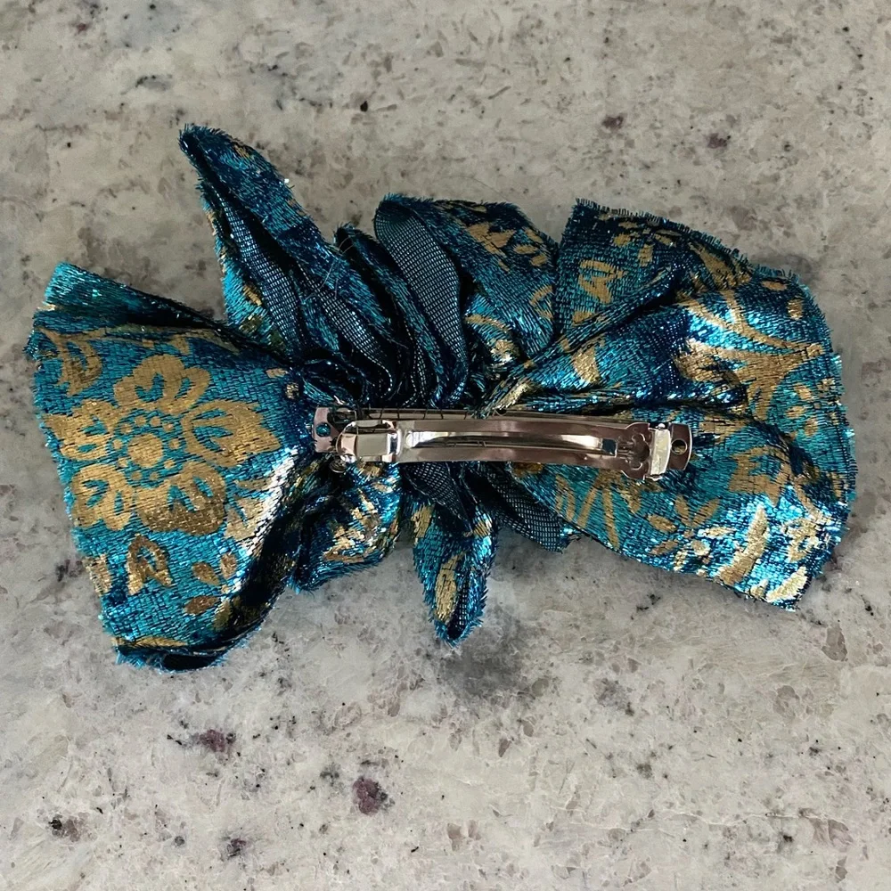 NEW Vintage Blue & Gold Pattern Silky Fabric Hair Bow Clip Barrette